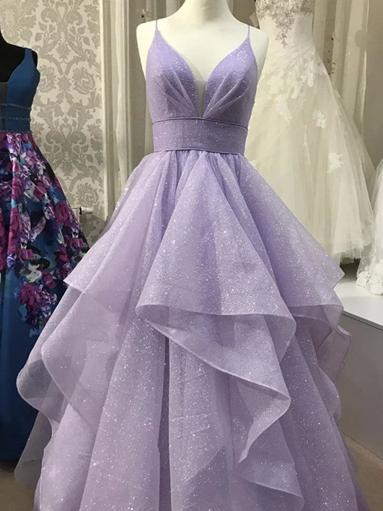 A-line V Neck Sequins Prom Dresses Formal Evening Dresses
